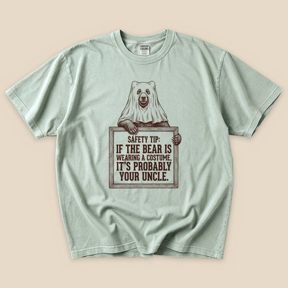 Bay Bear Safety Tip T-Shirt with a bear in a ghost costume and a funny safety tip graphic
