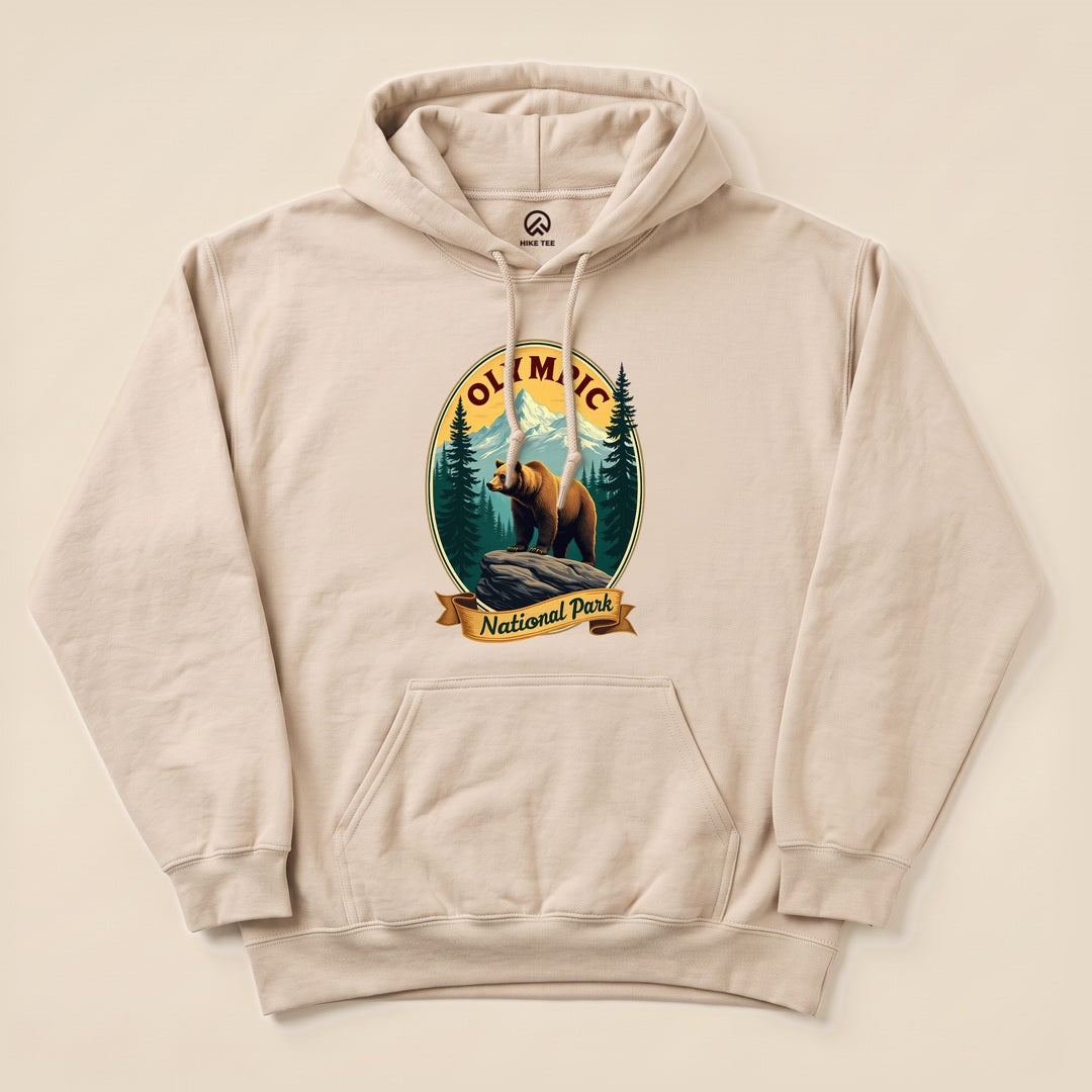 Sand Olympic National Park Bear Hoodie with a vintage bear and mountains badge graphic