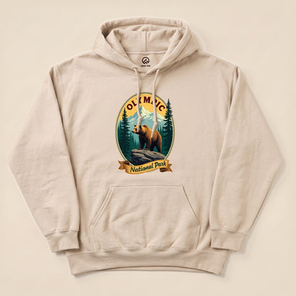 Sand Olympic National Park Bear Hoodie with a vintage bear and mountains badge graphic