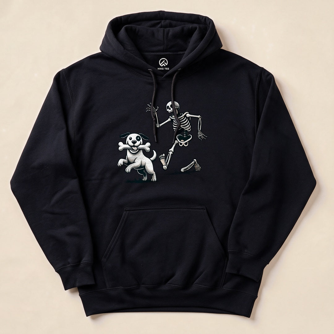 A black hoodie featuring a humorous graphic of a skeleton playfully running alongside a happy dog, titled "Skeleton and Dog Halloween Hoodie.