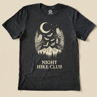 Dark Grey Heather Night Hike Club Shirt with a crescent moon, owls, bats and mountains graphic