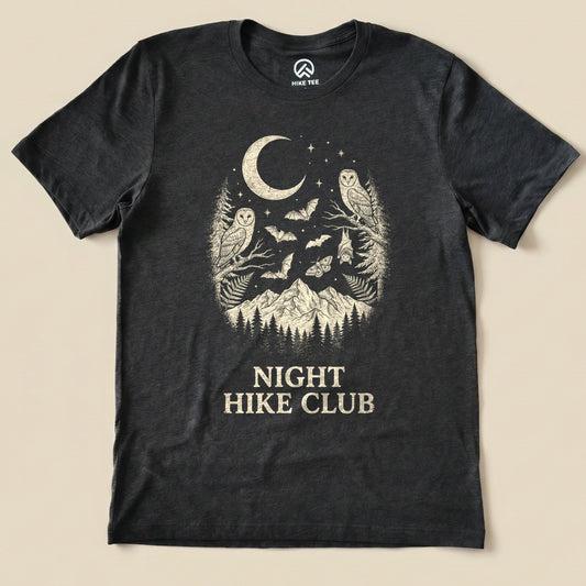 Dark Grey Heather Night Hike Club Shirt with a crescent moon, owls, bats and mountains graphic