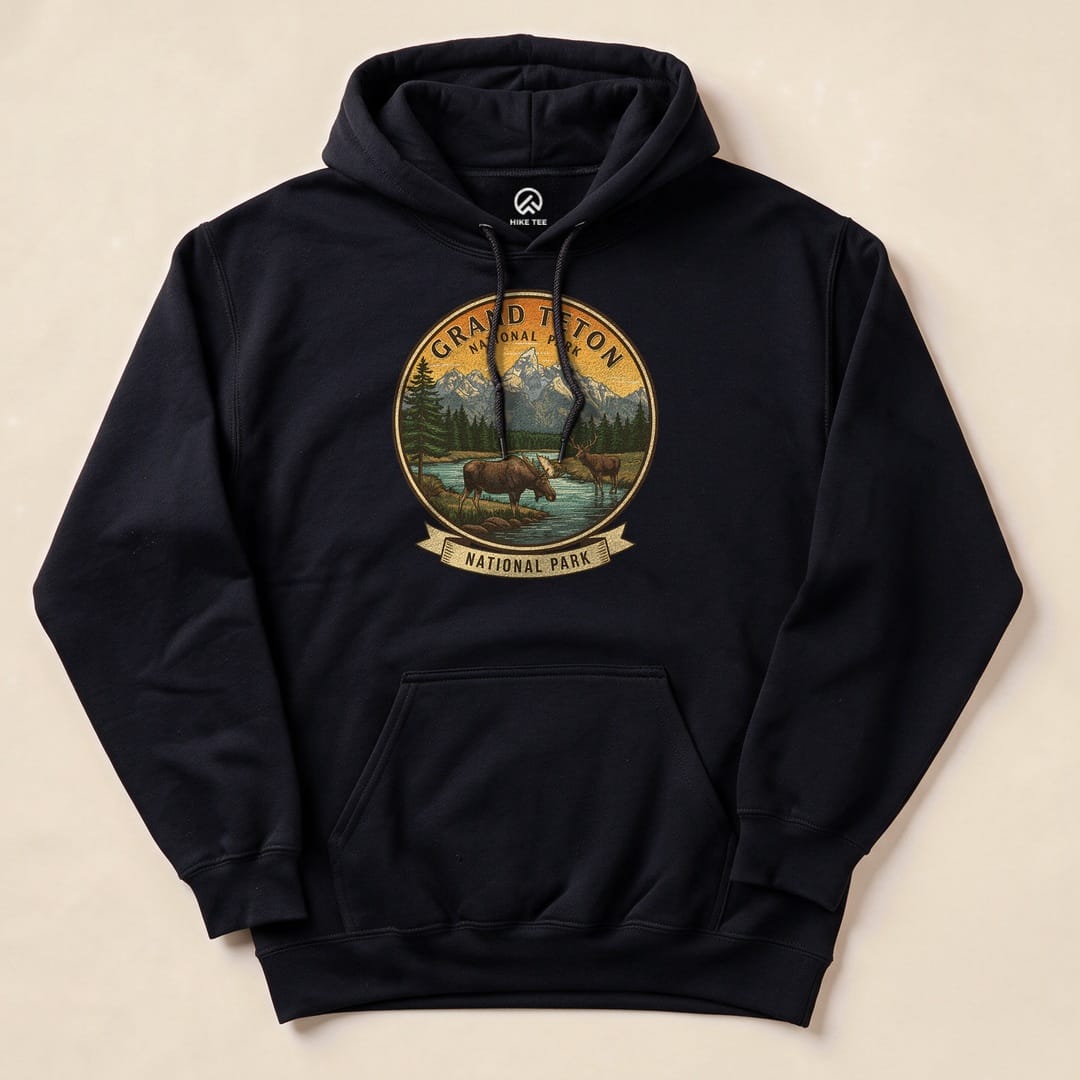 Black Grand Teton Moose Hoodie with a vintage Grand Teton moose badge graphic