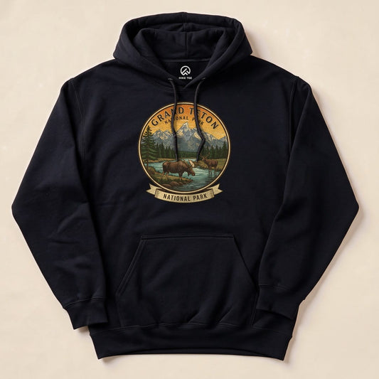 Black Grand Teton Moose Hoodie with a vintage Grand Teton moose badge graphic