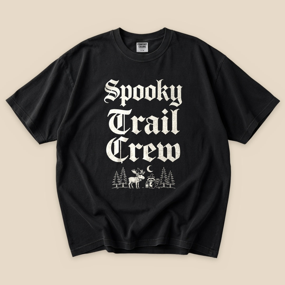 Black Spooky Trail Crew T-Shirt with gothic Spooky Trail Crew lettering and a forest graphic