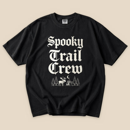 Black Spooky Trail Crew T-Shirt with gothic Spooky Trail Crew lettering and a forest graphic