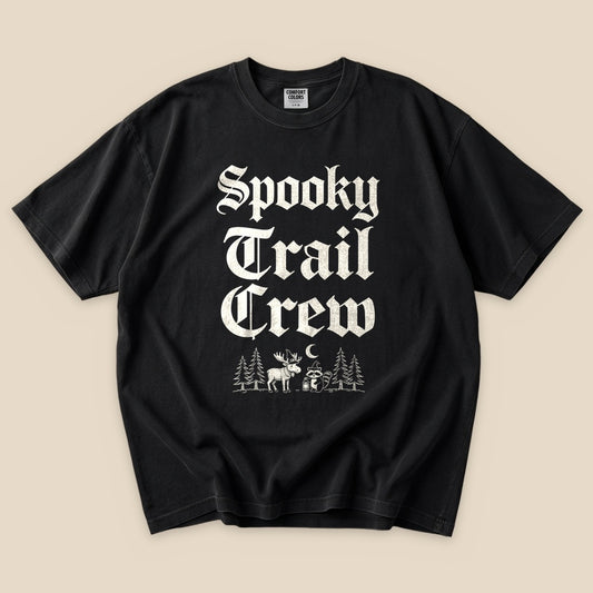 Black Spooky Trail Crew T-Shirt with gothic Spooky Trail Crew lettering and a forest graphic