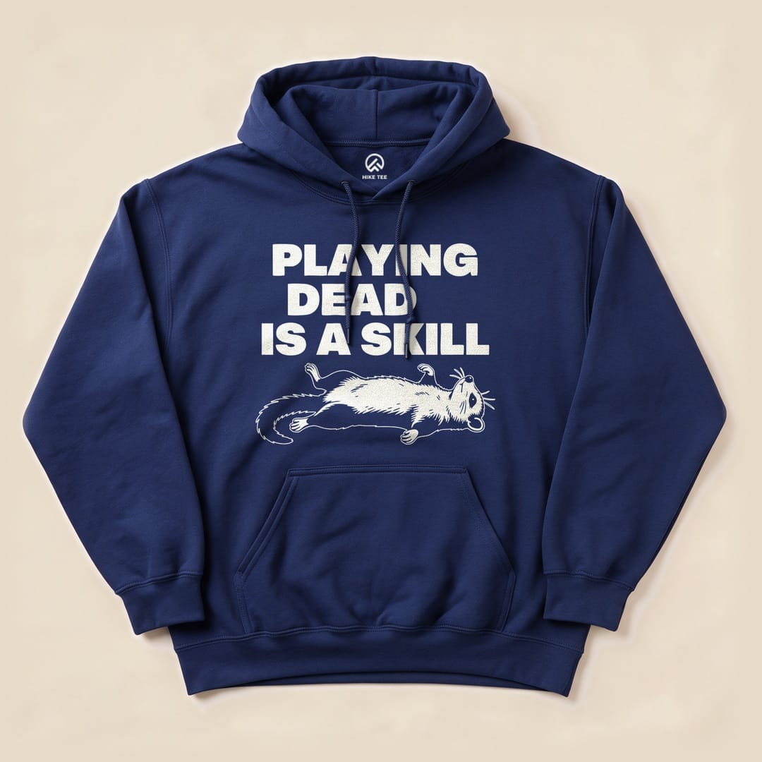 Navy Playing Dead Possum Hoodie with a possum playing dead graphic