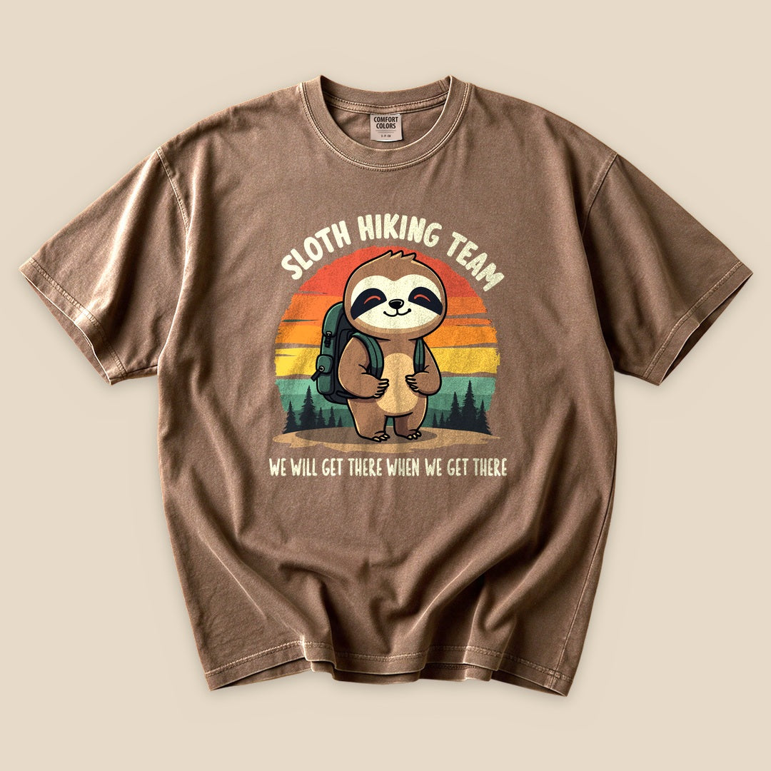Espresso Sloth Hiking Team T-Shirt with a hiking sloth and retro forest sunset graphic