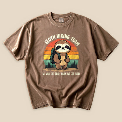 Espresso Sloth Hiking Team T-Shirt with a hiking sloth and retro forest sunset graphic