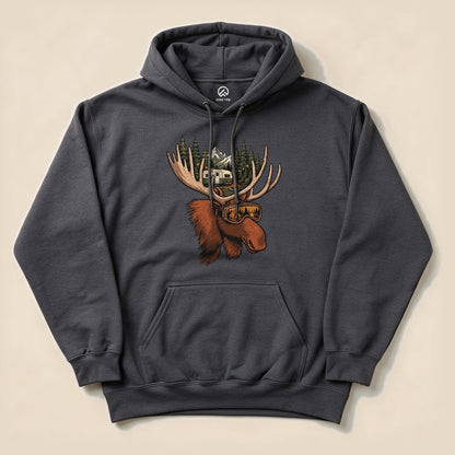 Dark Heather Rad Moose Hoodie with a moose wearing ski goggles graphic