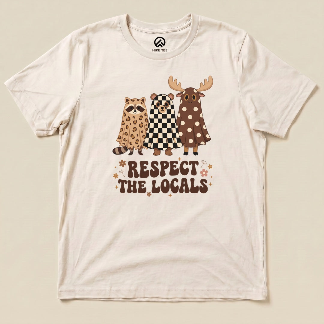 Natural Respect the Locals Ghosts Shirt with a trio of raccoon and moose ghosts in retro patterns graphic