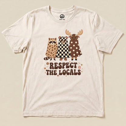 Natural Respect the Locals Ghosts Shirt with a trio of raccoon and moose ghosts in retro patterns graphic