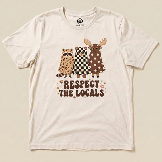 Natural Respect the Locals Ghosts Shirt with a trio of raccoon and moose ghosts in retro patterns graphic