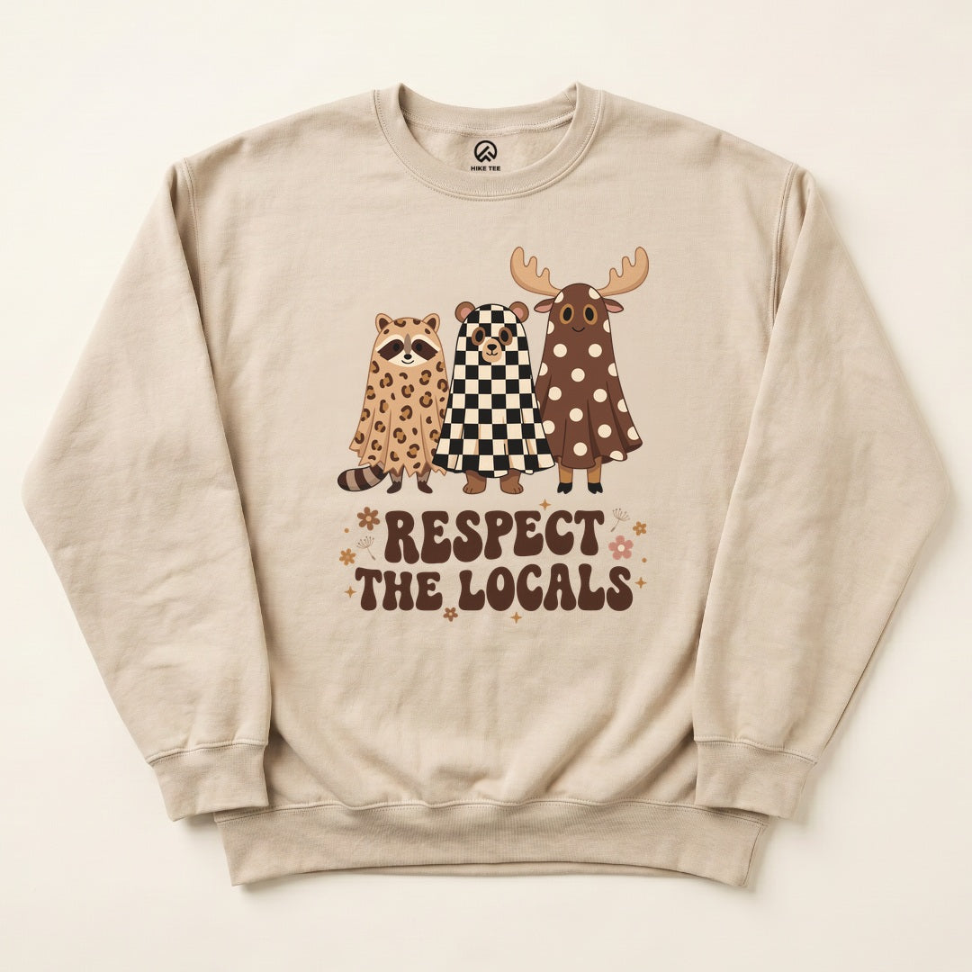 Sand Respect the Locals Ghosts Sweatshirt with three ghost-costumed forest animals and Respect the Locals lettering graphic