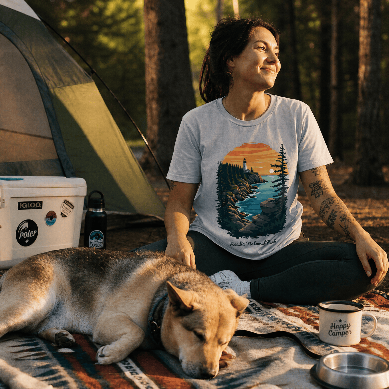 A woman sits cross-legged in a campsite, wearing a graphic t-shirt featuring the "Acadia National Park Shirt" design with a lakeside scene.