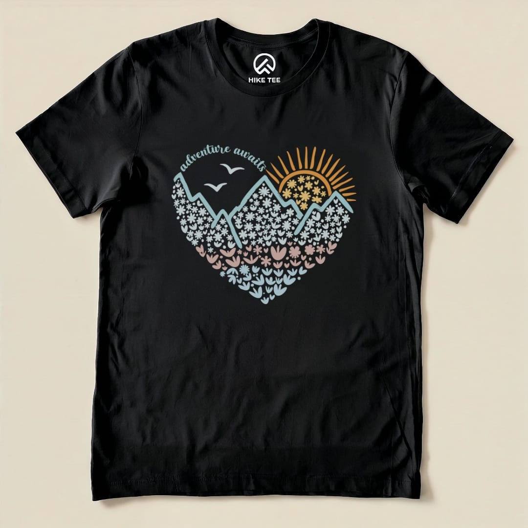 Hike Tee T-Shirt Black / S Adventure Awaits Flower Heart Shirt