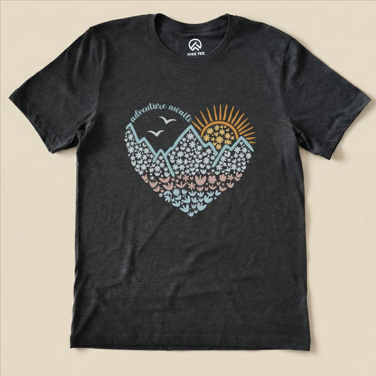 Hike Tee T-Shirt Dark Grey Heather / S Adventure Awaits Flower Heart Shirt