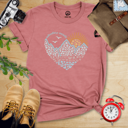 Hike Tee T-Shirt Heather Mauve / S Adventure Awaits Flower Heart Shirt