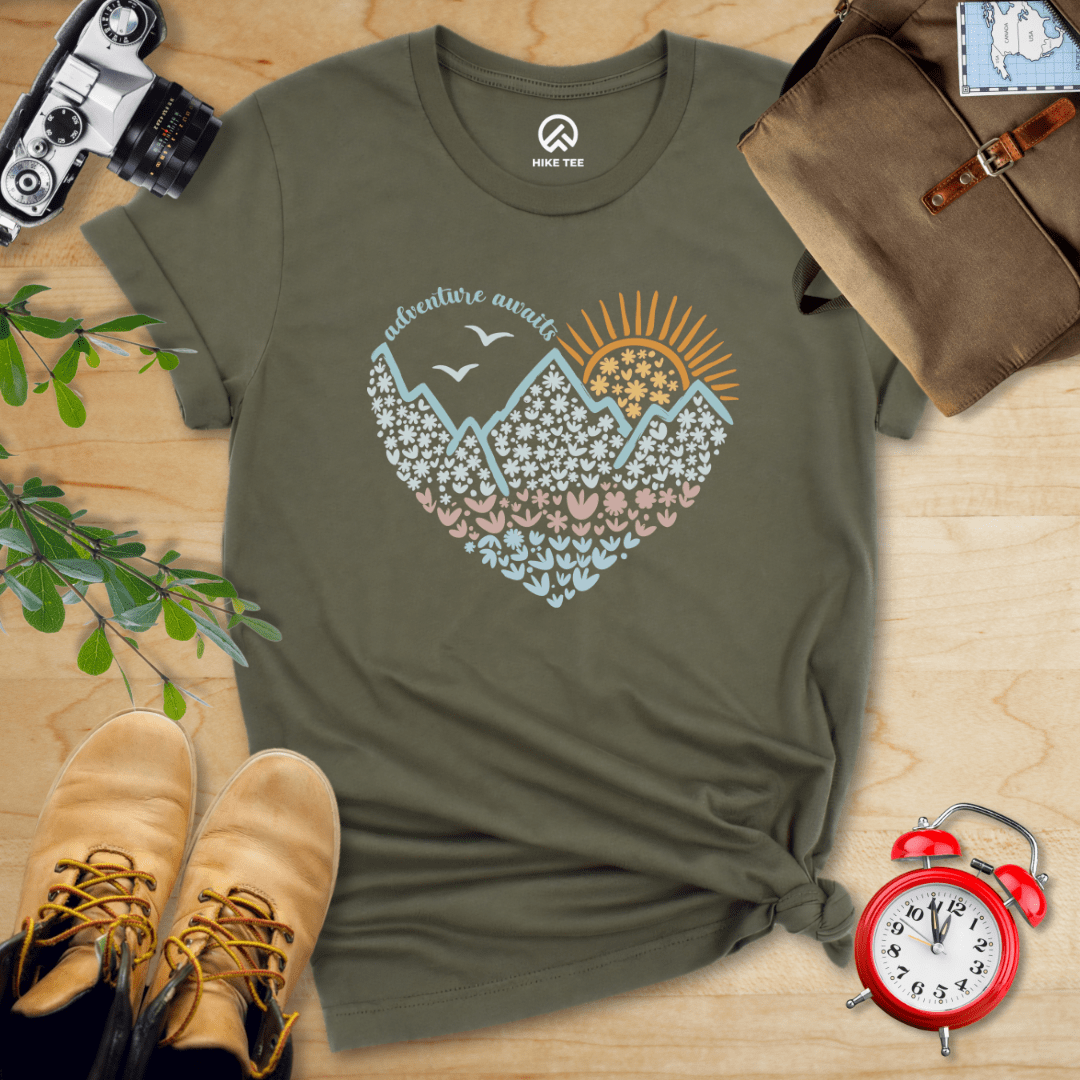Hike Tee T-Shirt Military Green / S Adventure Awaits Flower Heart Shirt