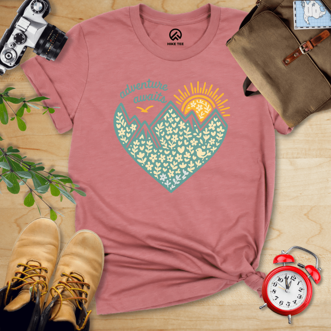 Hike Tee T-Shirt Heather Mauve / S Adventure Awaits Heart Shirt