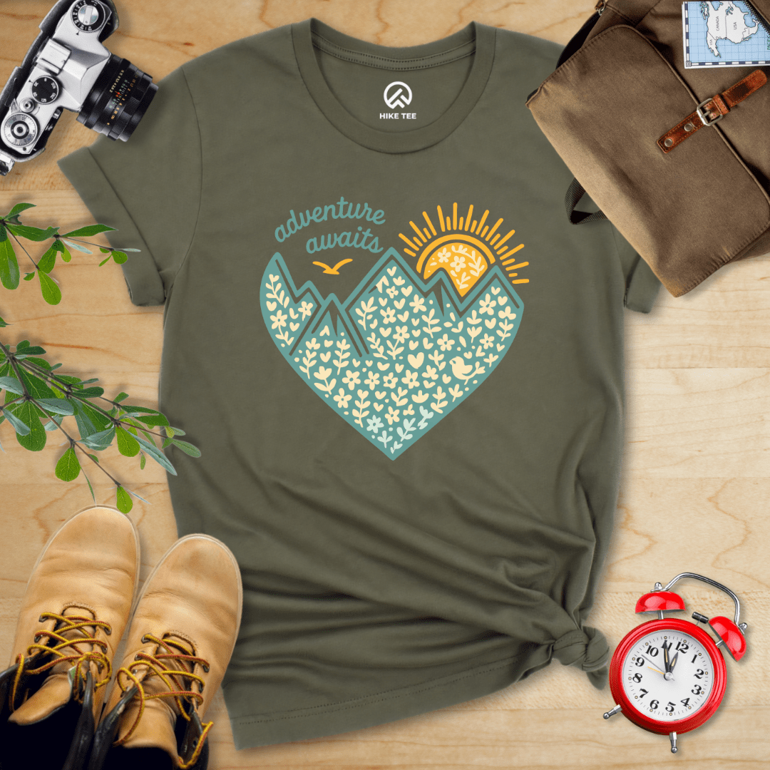Hike Tee T-Shirt Military Green / S Adventure Awaits Heart Shirt