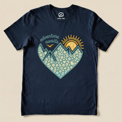 Adventure Awaits Heart Shirt Hike Tee T-Shirt Navy / S