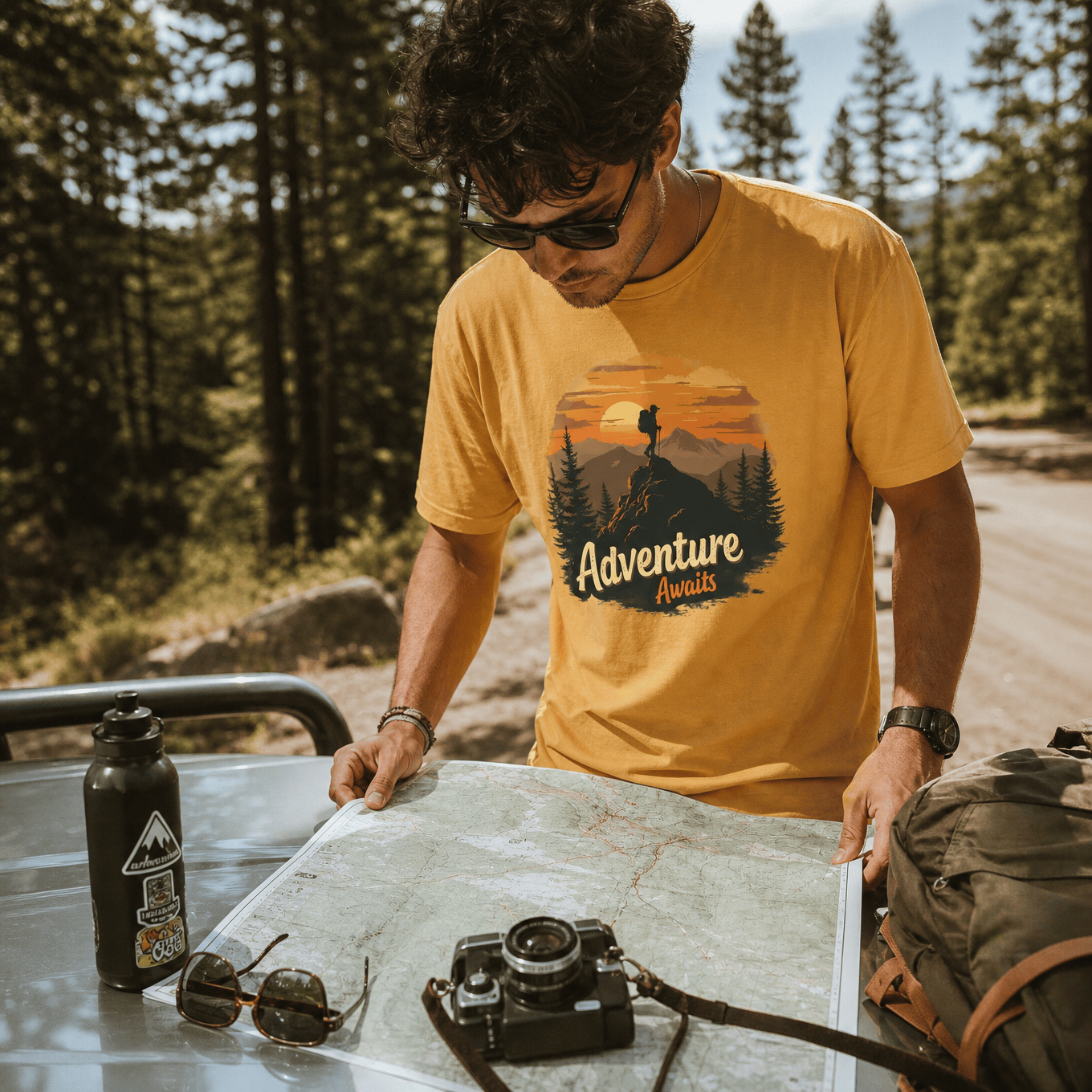 A man examines a map outdoors, wearing a graphic t-shirt featuring the slogan "Adventure Awaits Shirt" and a sunset design.