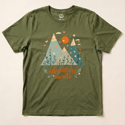 The Adventure Awaits Shirt features a graphic of colorful mountains with a heart and flowers, printed on an olive green t-shirt.