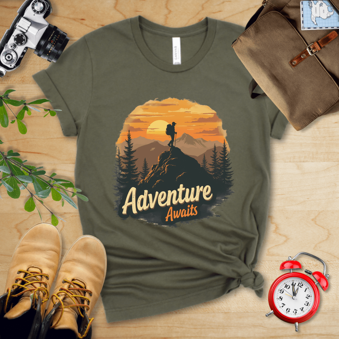 Printify T-Shirt Military Green / S Adventure Awaits Shirt