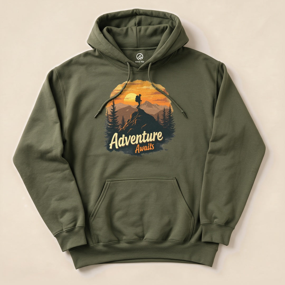 Military Green Adventure Awaits Hoodie with a sunset hiker illustration