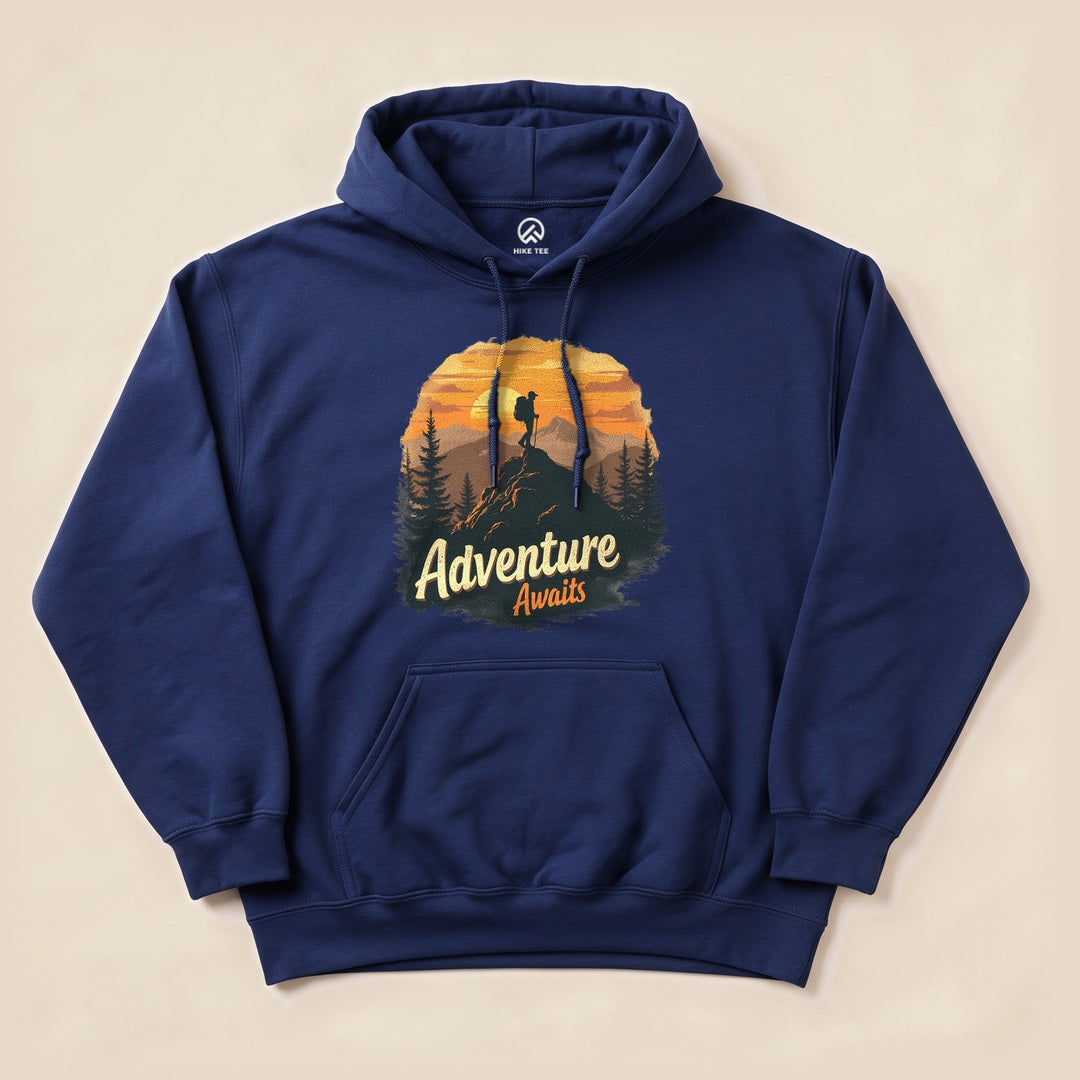 Navy Adventure Awaits Hoodie with a sunset hiker illustration