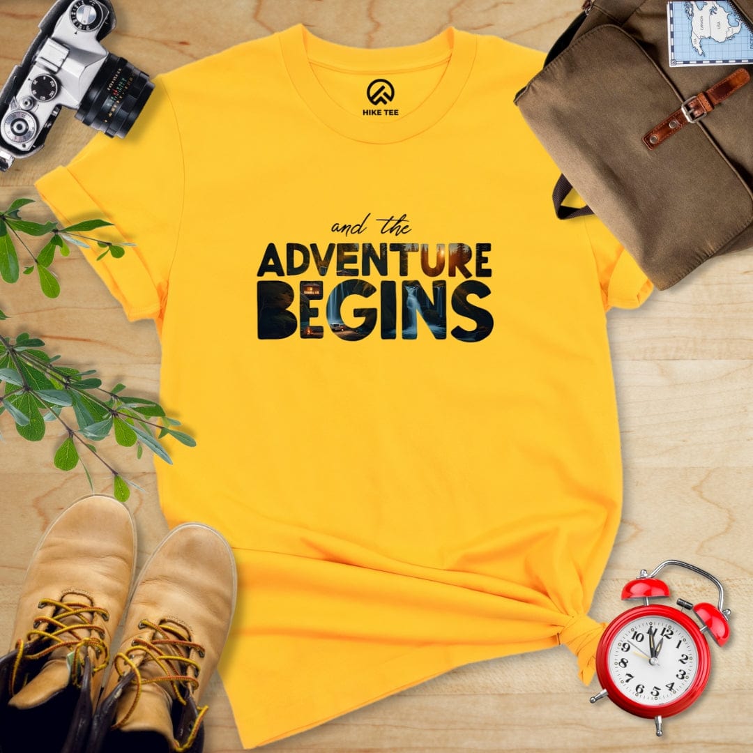 Hike Tee T-Shirt Gold / S And The Adventure Begins Shirt