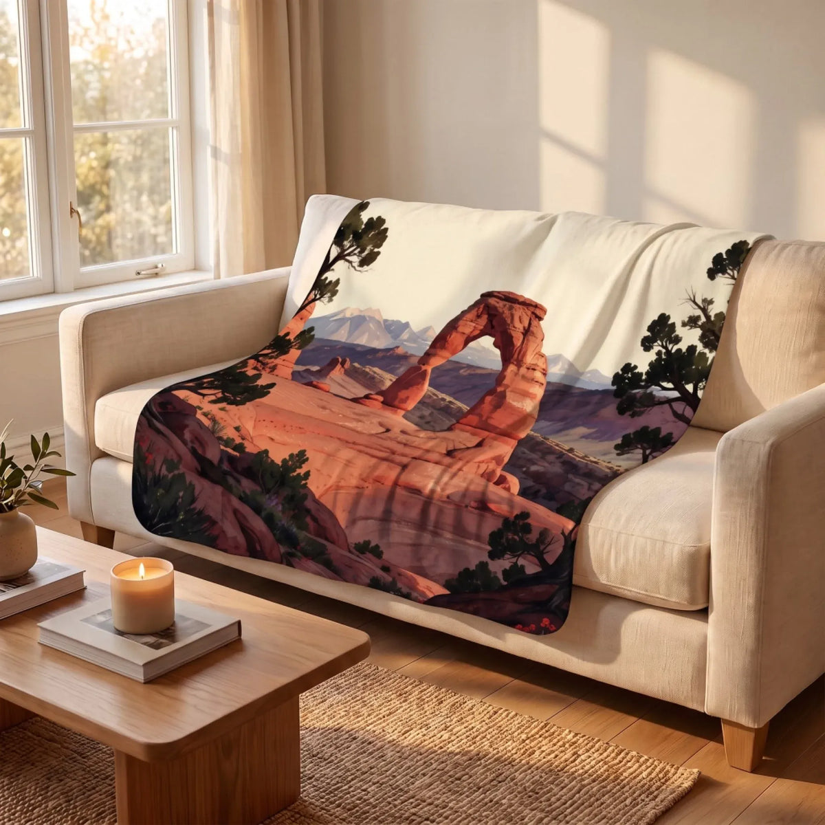 Arches Delicate Arch Sunset Sherpa Blanket draped over a sofa