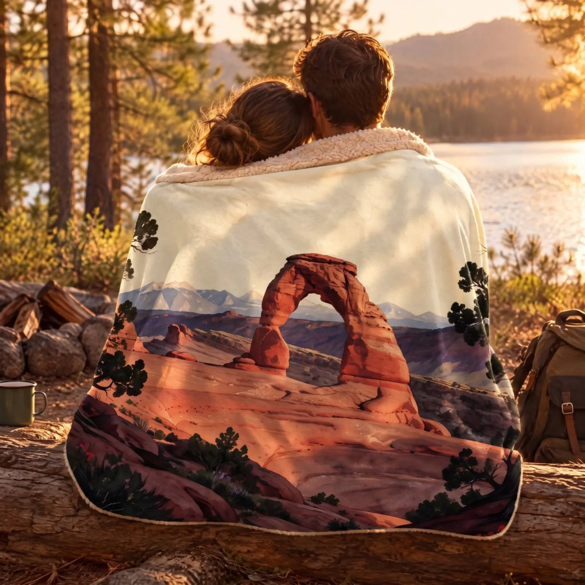 Couple wrapped in the Arches Delicate Arch Sunset Sherpa Blanket by a lake