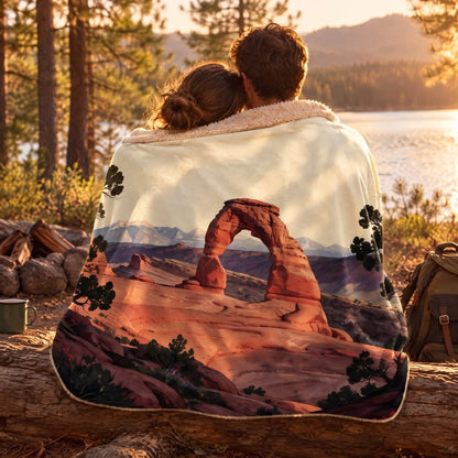 Couple wrapped in the Arches Delicate Arch Sunset Sherpa Blanket by a lake