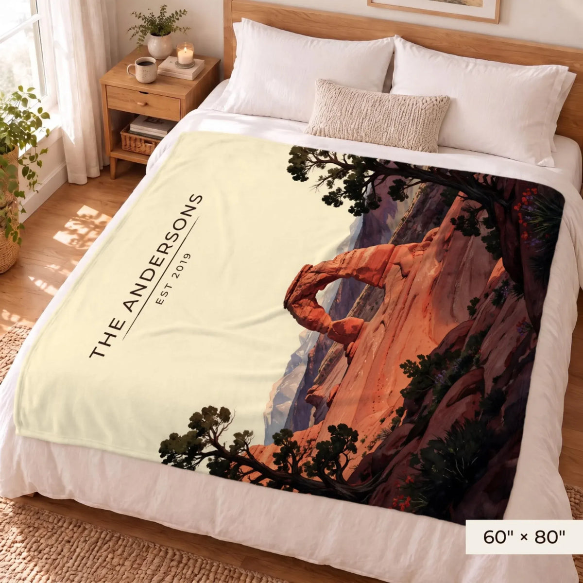 Arches Delicate Arch Sunset Sherpa Blanket 60x80 on a queen bed