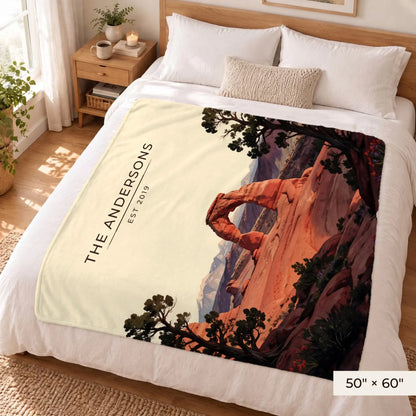 Arches Delicate Arch Sunset Sherpa Blanket 50x60 on a queen bed