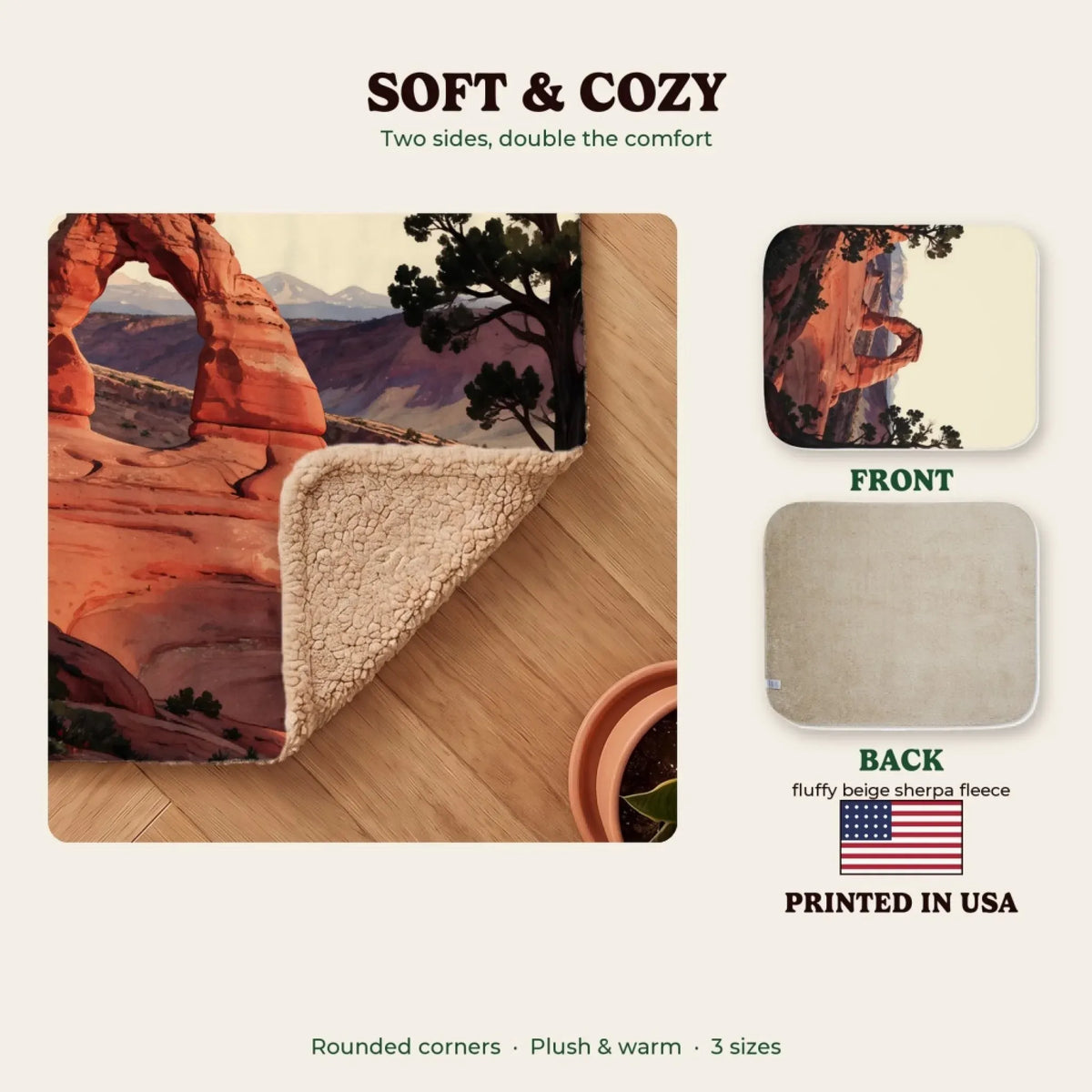 Soft and cozy sherpa blanket, printed in the USA