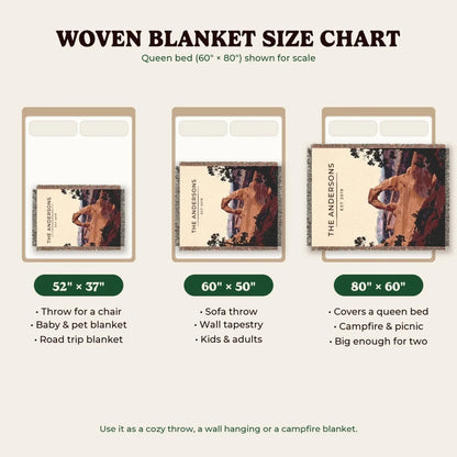 Woven blanket size chart 52x37, 60x50, 80x60