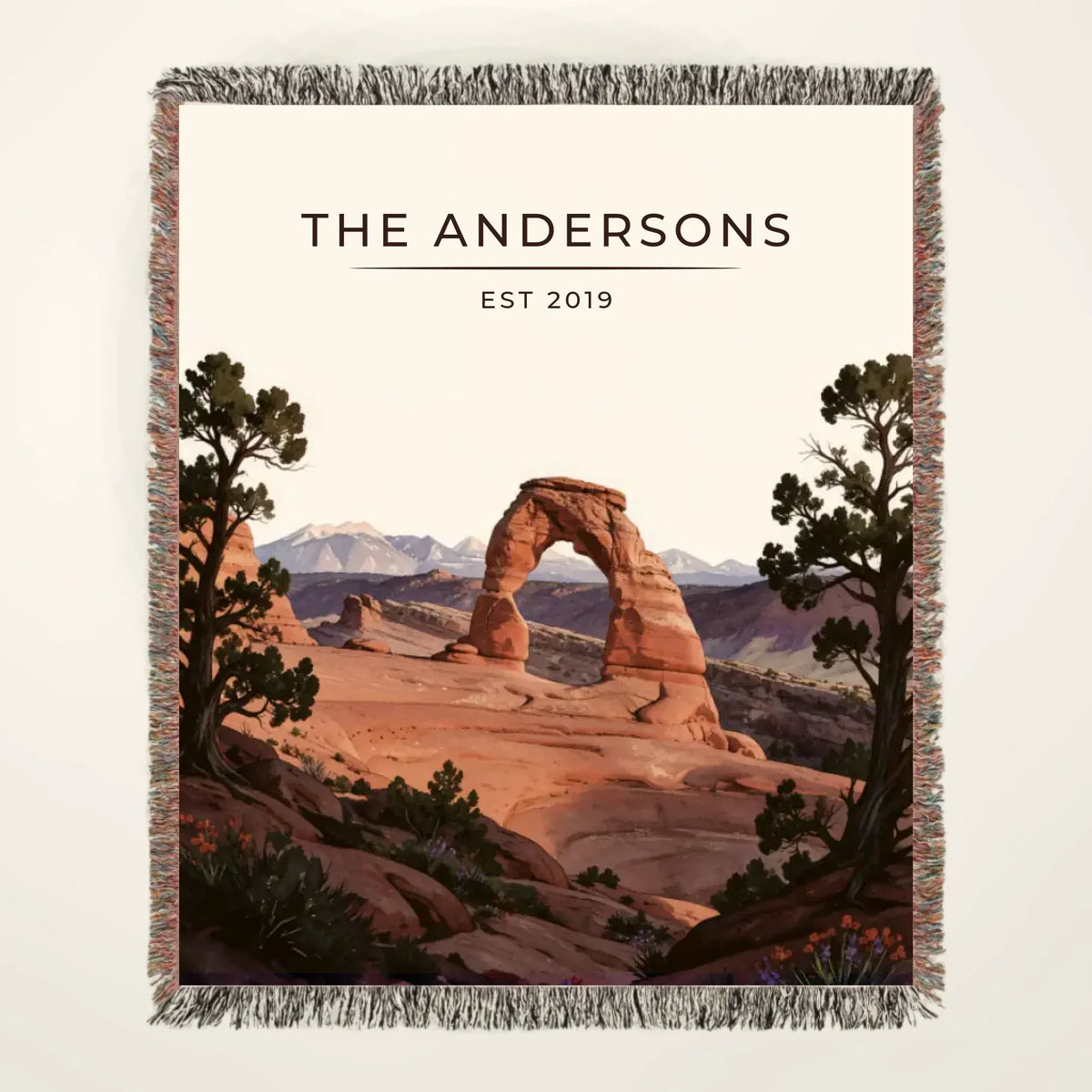 Personalized Arches Delicate Arch Sunset Woven Blanket with family name