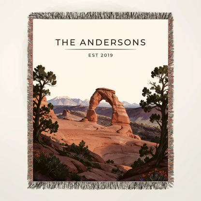 Personalized Arches Delicate Arch Sunset Woven Blanket with family name