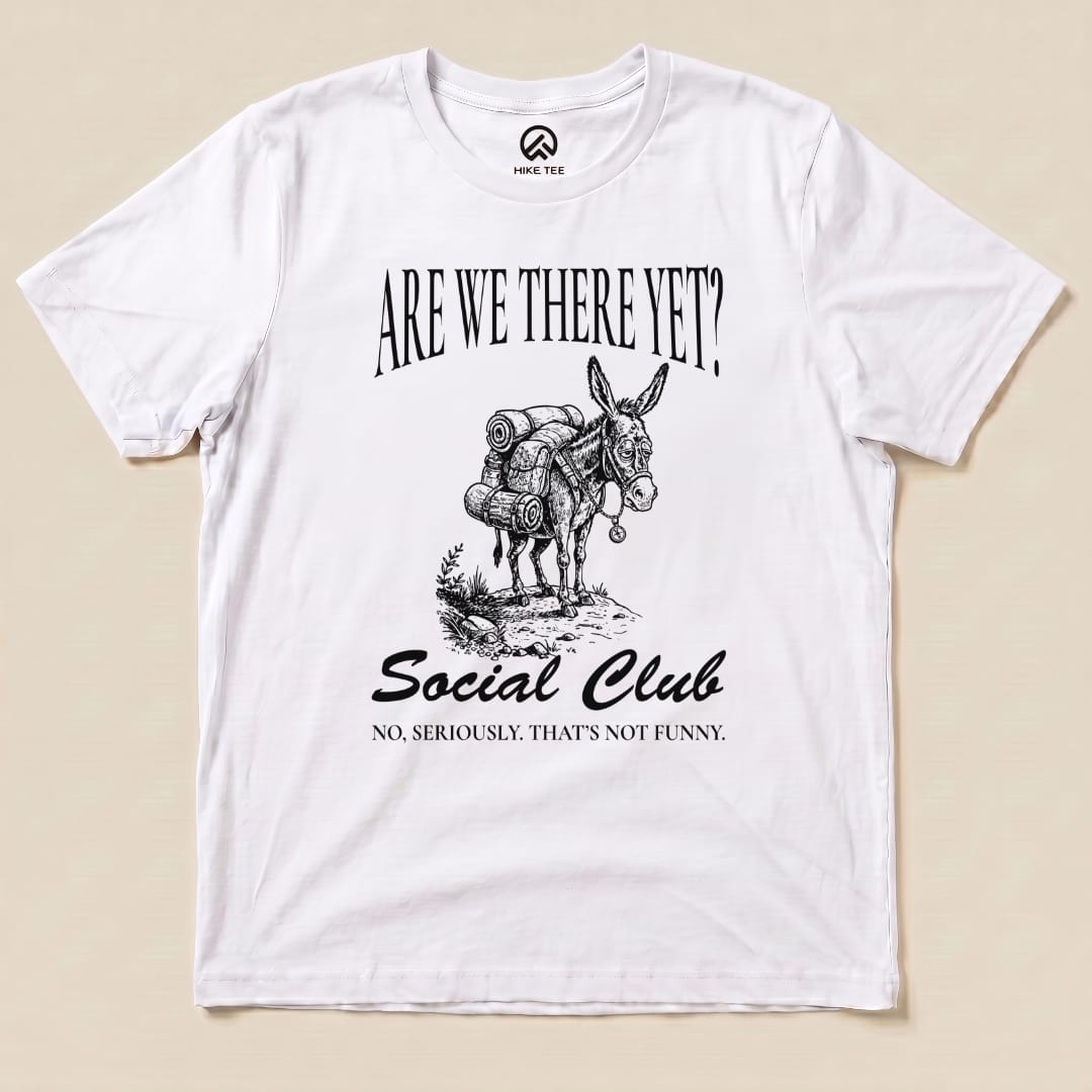 Graphic t-shirt featuring the "Are We There Social Club Shirt" design with a donkey and the caption "No, seriously. That's not funny.