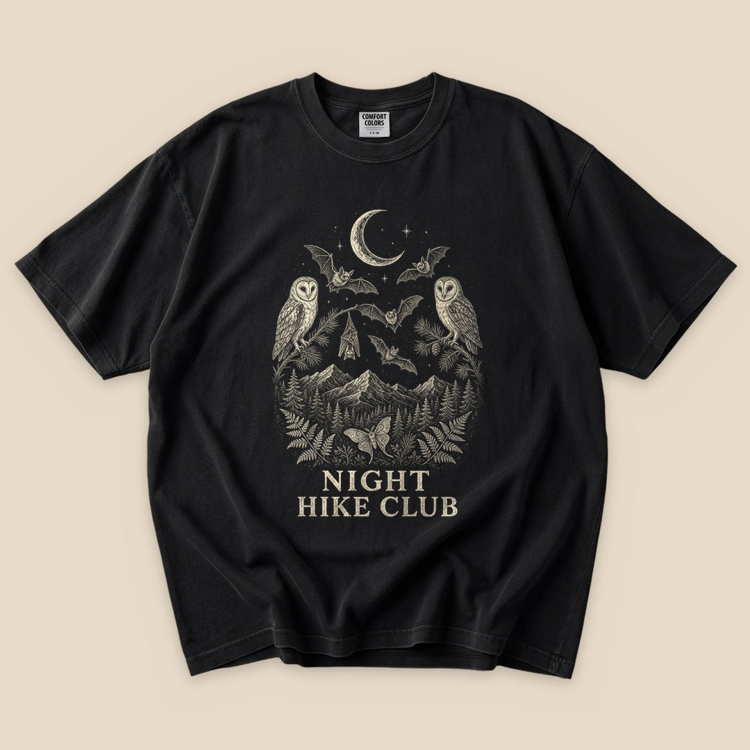 Black Night Hike Club Engraved T-Shirt with an engraved owls, bats and night mountains graphic