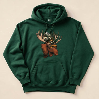 Forest Green Rad Moose Hoodie with a moose wearing ski goggles graphic