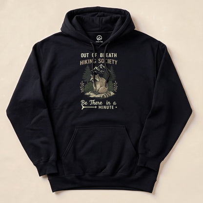 Black Out of Breath Hiking Society Raccoon Hoodie with a funny raccoon hiking graphic