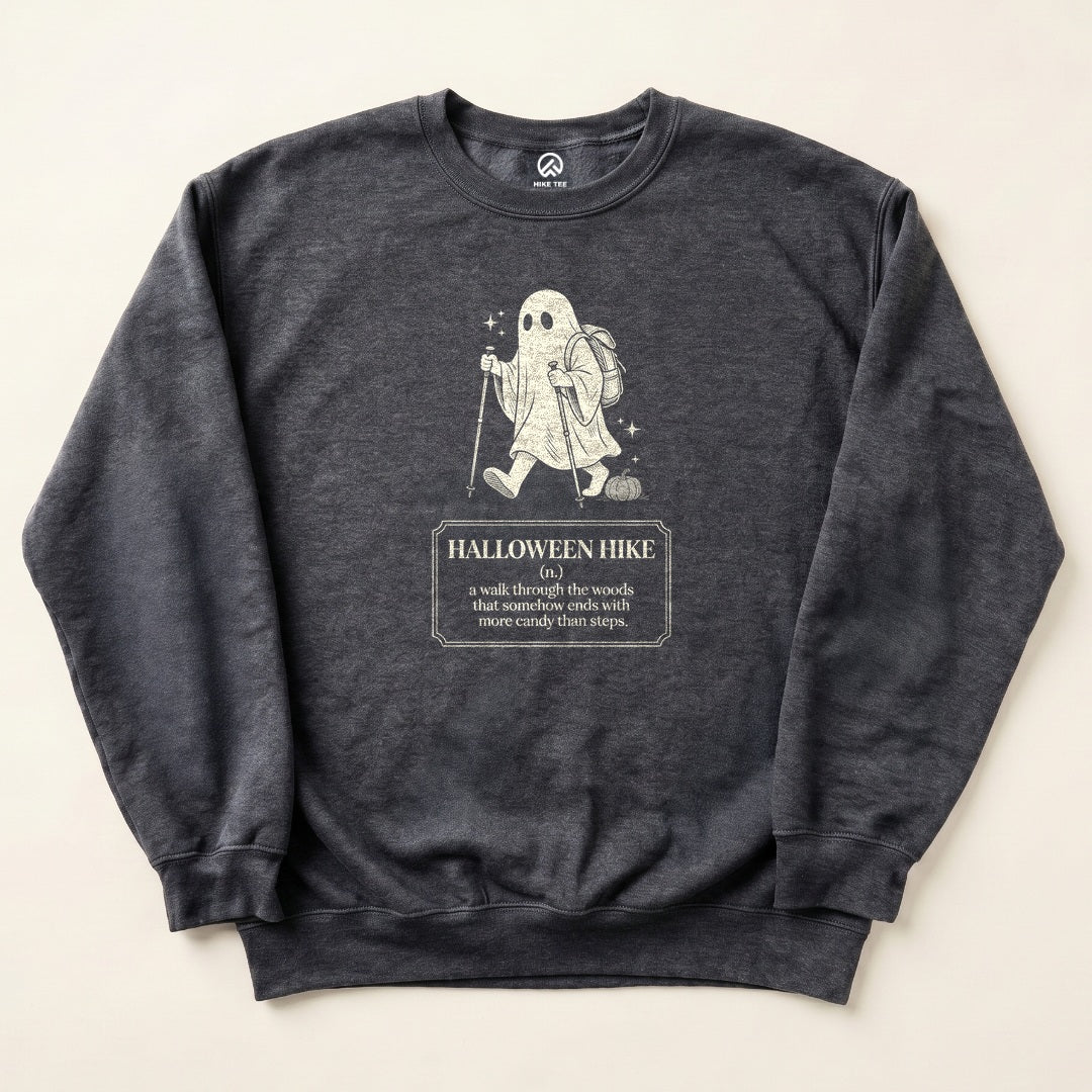 Dark Heather Halloween Hike Definition Sweatshirt with a ghost hiker with trekking poles and a Halloween Hike definition graphic