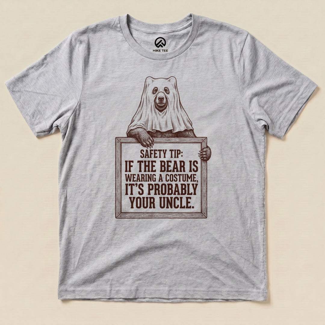 Athletic Heather Bear Safety Tip Shirt with a bear in a ghost sheet holding a safety tip sign graphic