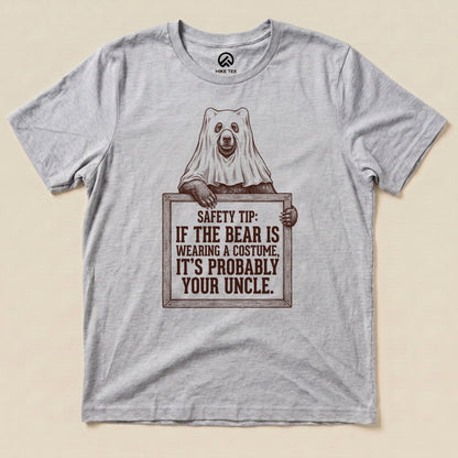 Athletic Heather Bear Safety Tip Shirt with a bear in a ghost sheet holding a safety tip sign graphic