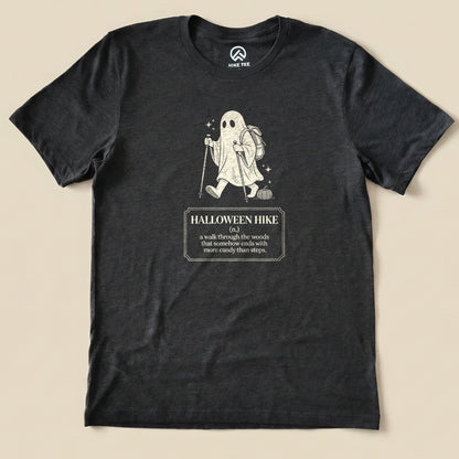 Dark Grey Heather Halloween Hike Definition Shirt with a ghost hiker with a walking stick and a Halloween hike definition graphic